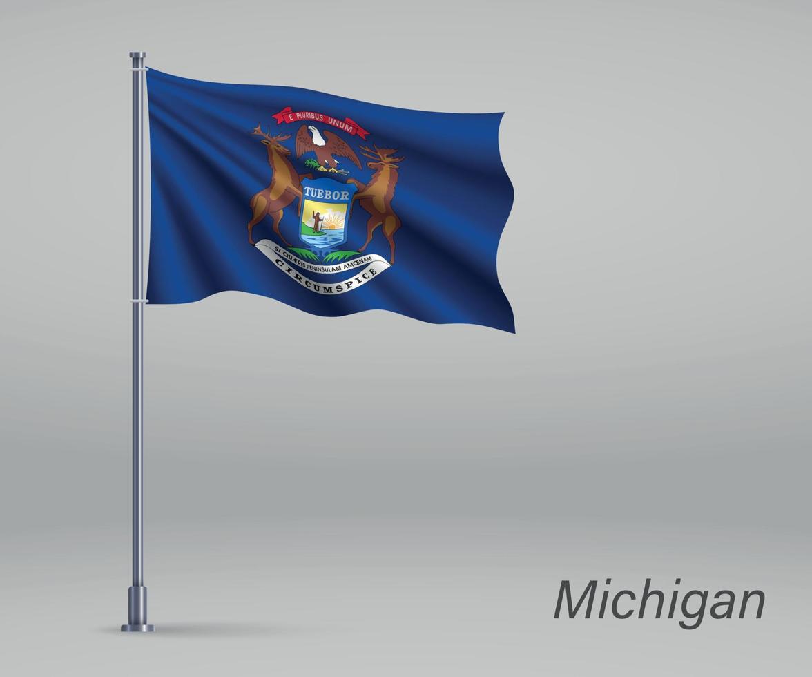 Waving flag of Michigan - state of United States on flagpole. Te vector