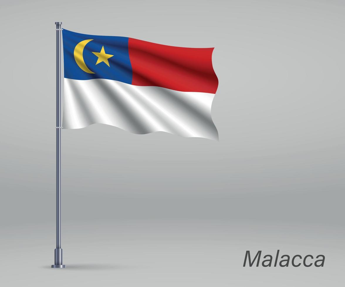 Waving flag of Malacca - state of Malaysia on flagpole. Template vector