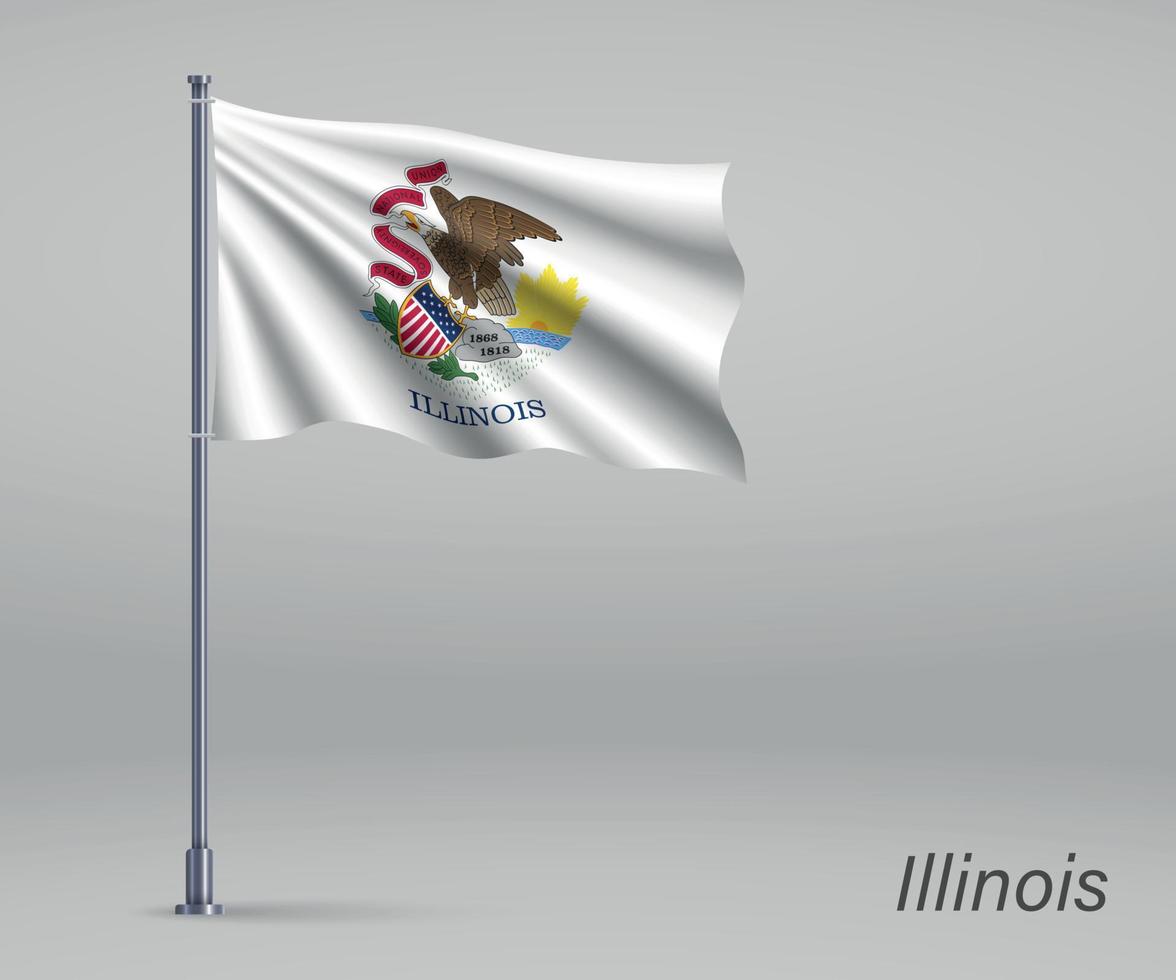 Waving flag of Illinois - state of United States on flagpole. Te vector