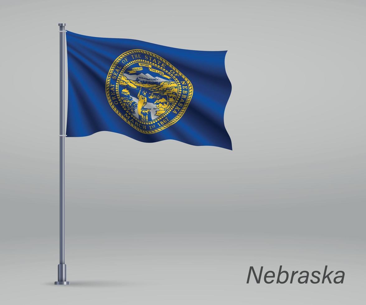 Waving flag of Nebraska - state of United States on flagpole. Te vector