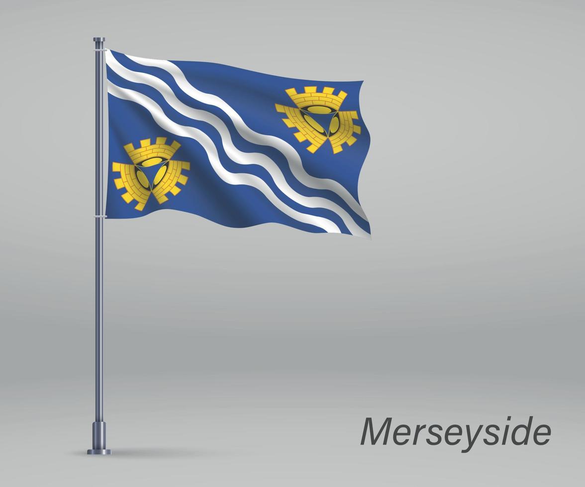 Waving flag of Merseyside - county of England on flagpole. Templ vector