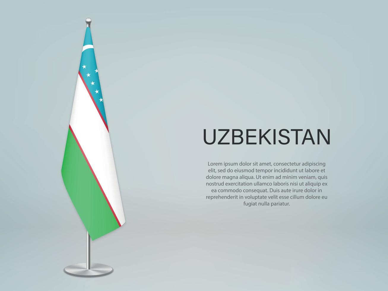 Uzbekistan hanging flag on stand. Template forconference banner vector