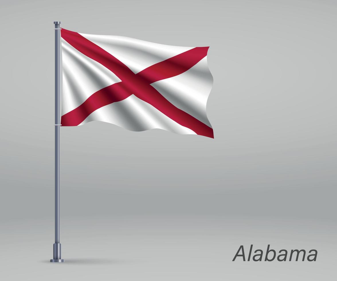 Waving flag of Alabama - state of United States on flagpole. Tem vector