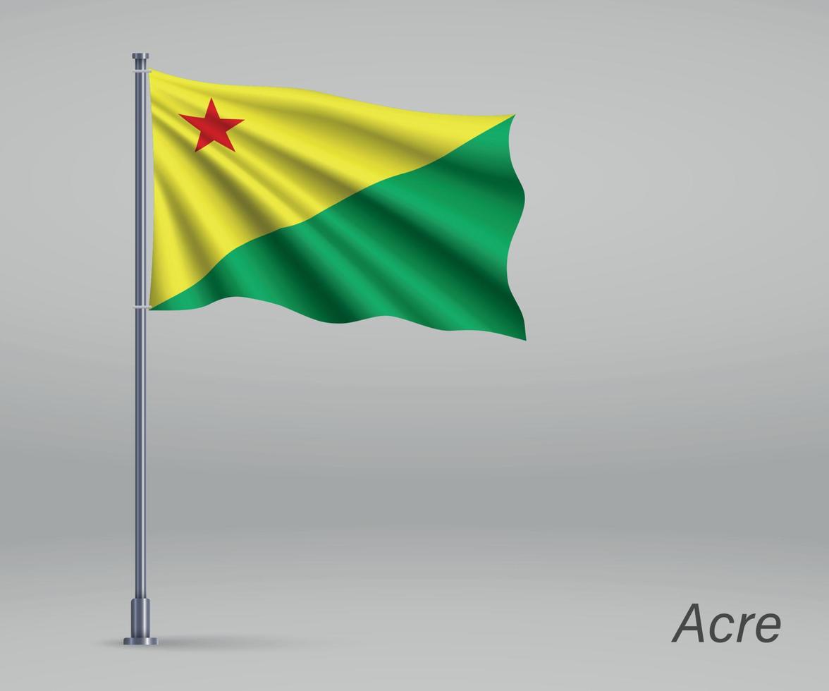 Waving flag of Acre - state of Brazil on flagpole. Template for vector