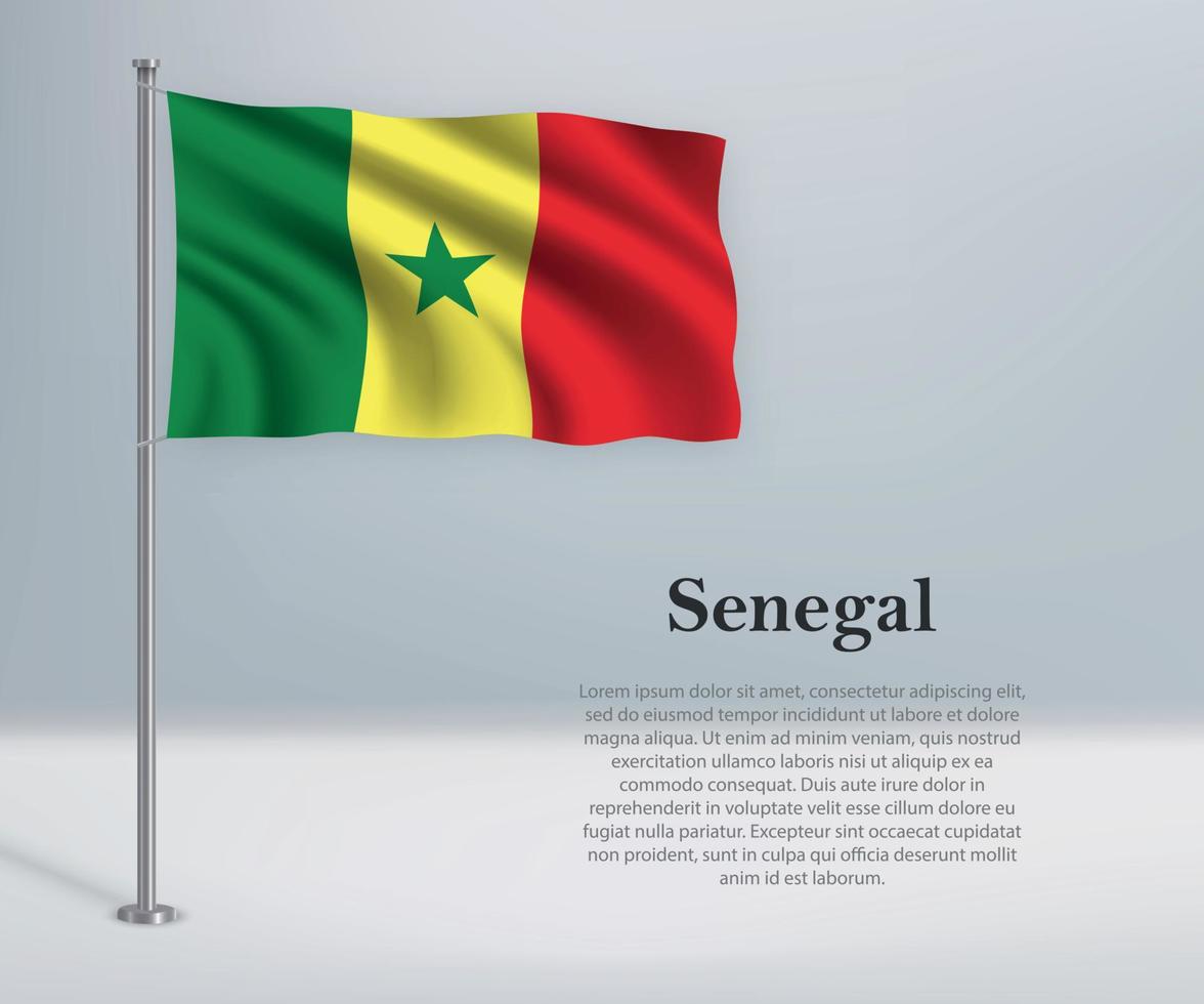 ondeando la bandera de senegal en el asta de la bandera. plantilla para la independencia da vector