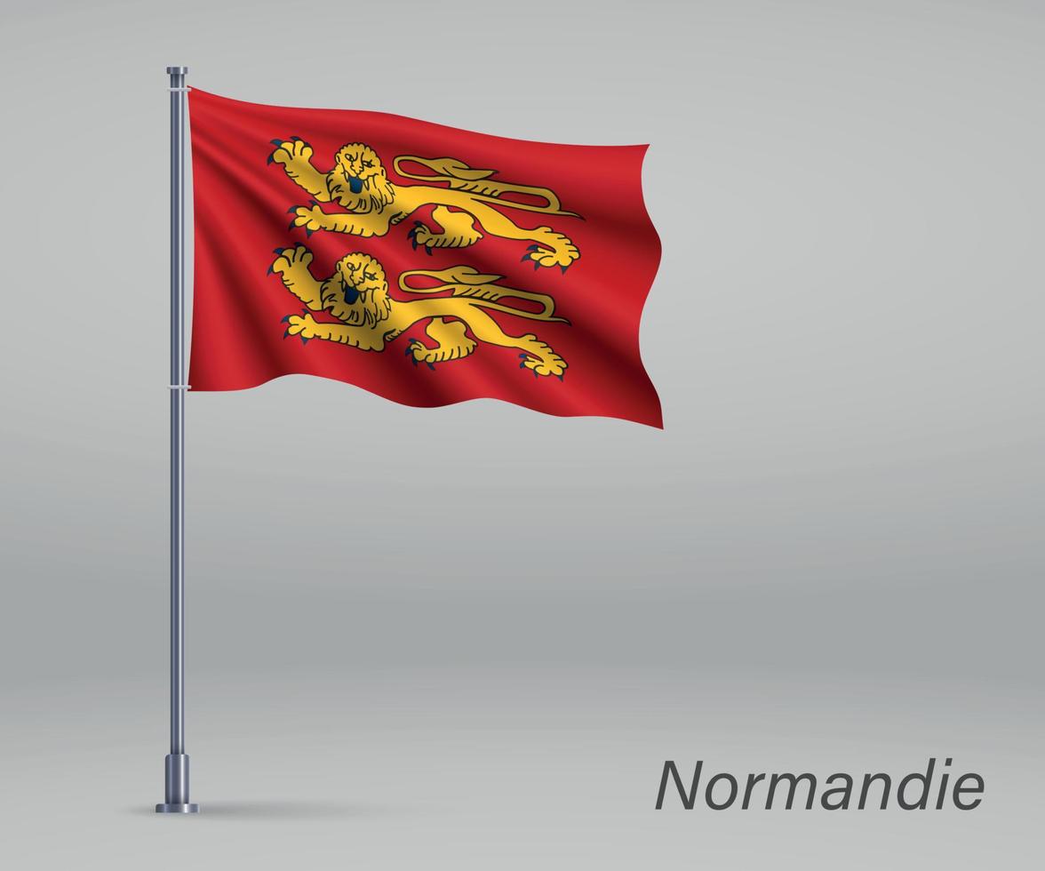 Waving flag of Normandie - region of France on flagpole. Templat vector