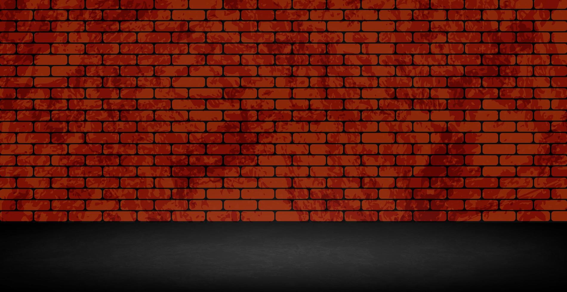 Stylish studio, panoramic red brick background with peeling paint, black textured floor - Vector