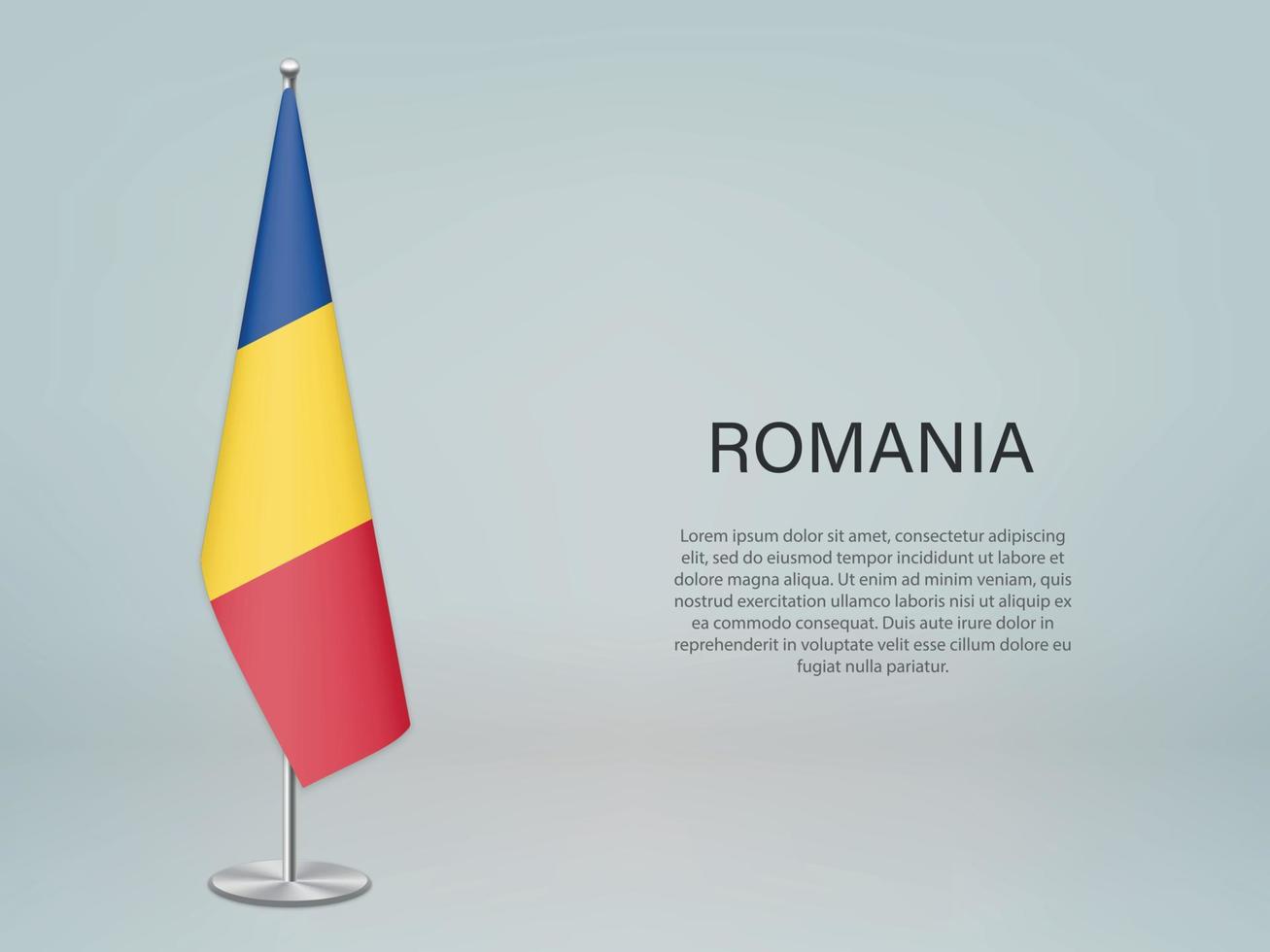 Romania hanging flag on stand. Template forconference banner vector