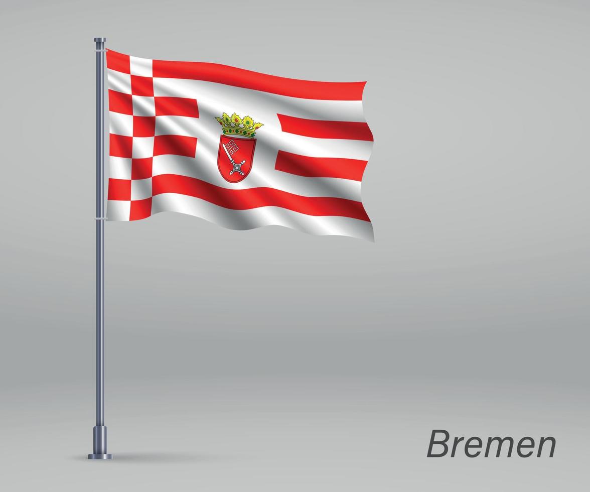 Waving flag of Bremen - state of Germany on flagpole. Template f vector