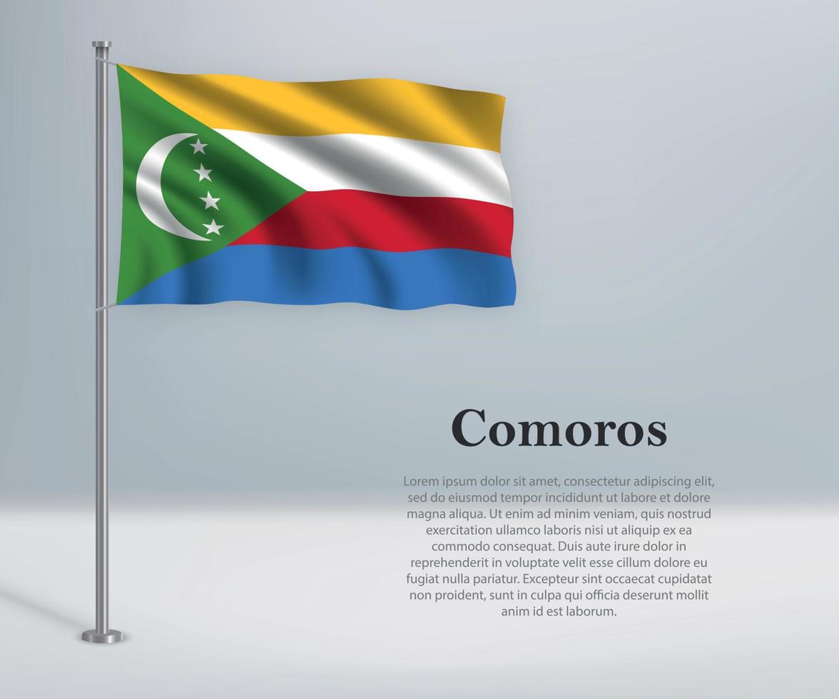 Waving flag of Comoros on flagpole. Template for independence da vector