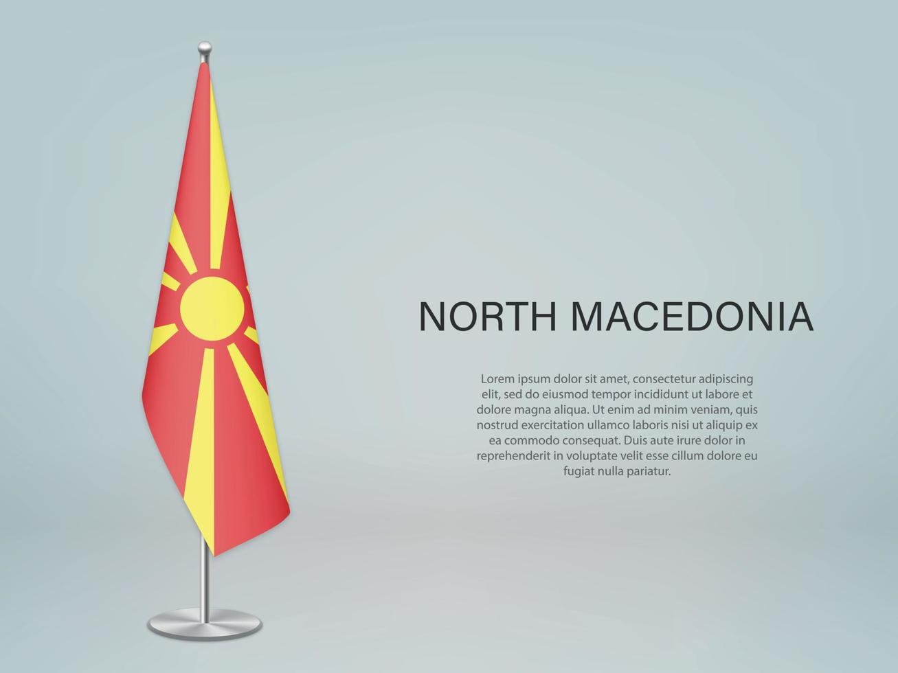 North Macedonia hanging flag on stand. Template forconference ba vector