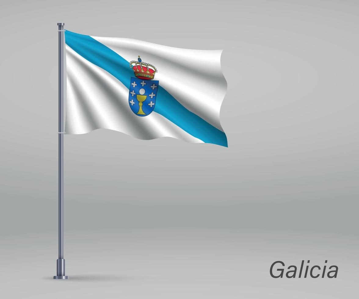 ondeando la bandera de galicia - región de españa en el asta de la bandera. plantilla f vector