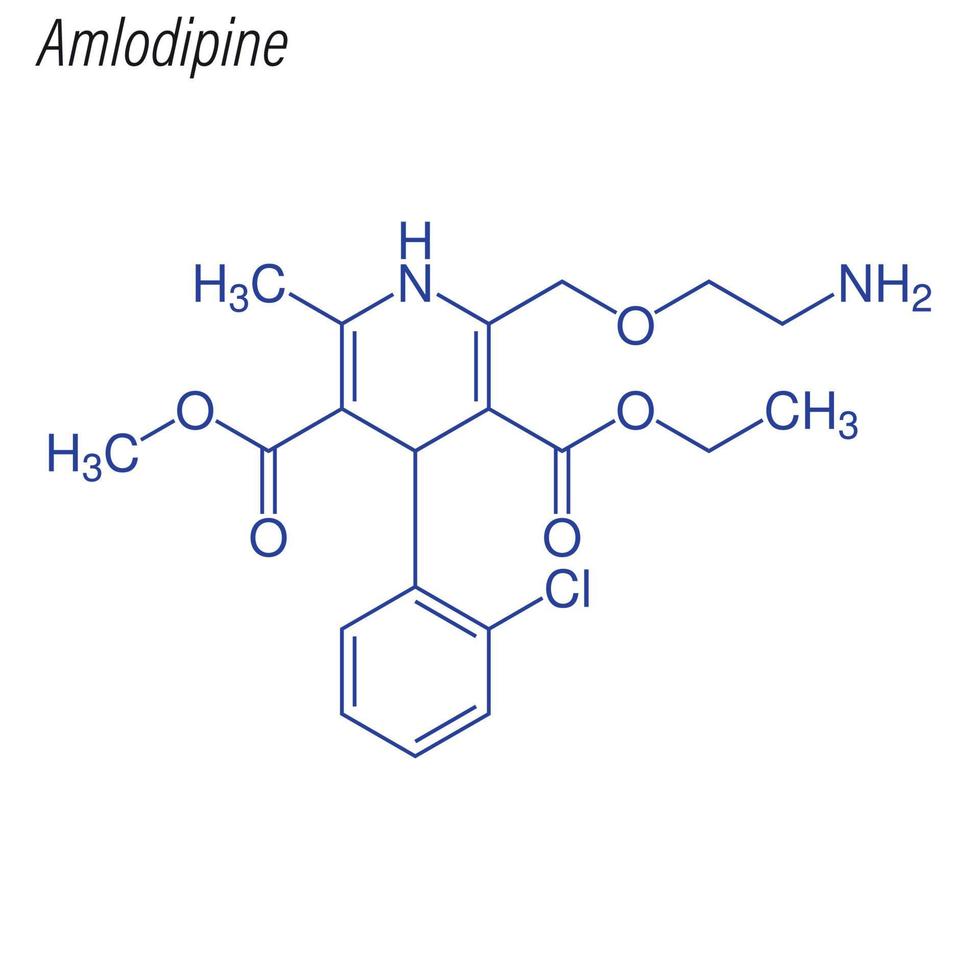 Vector Skeletal formula of Amlodipine. Drug chemical molecule.