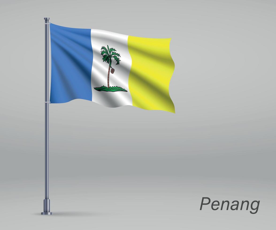 Waving flag of Penang - state of Malaysia on flagpole. Template vector