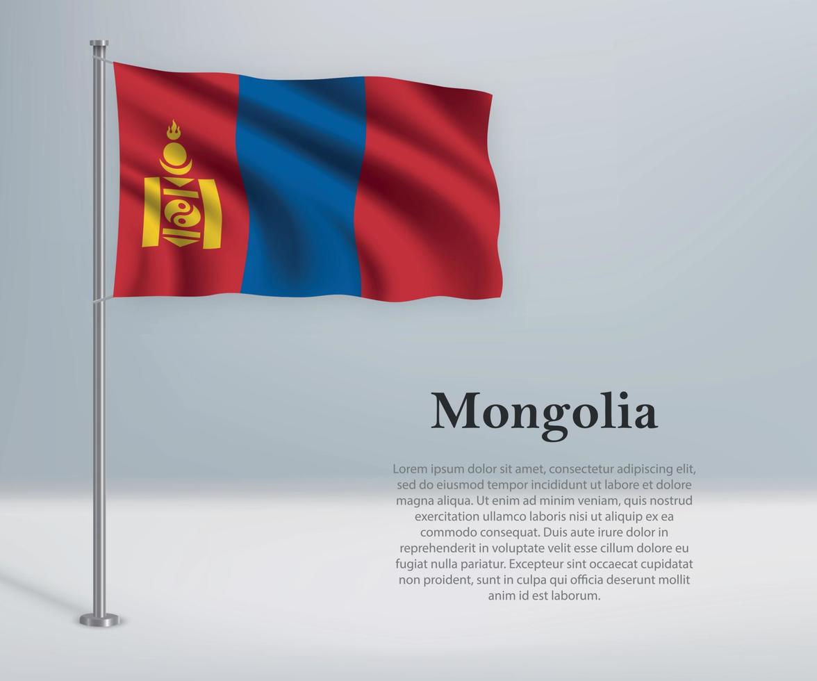 Waving flag of Mongolia on flagpole. Template for independence d vector