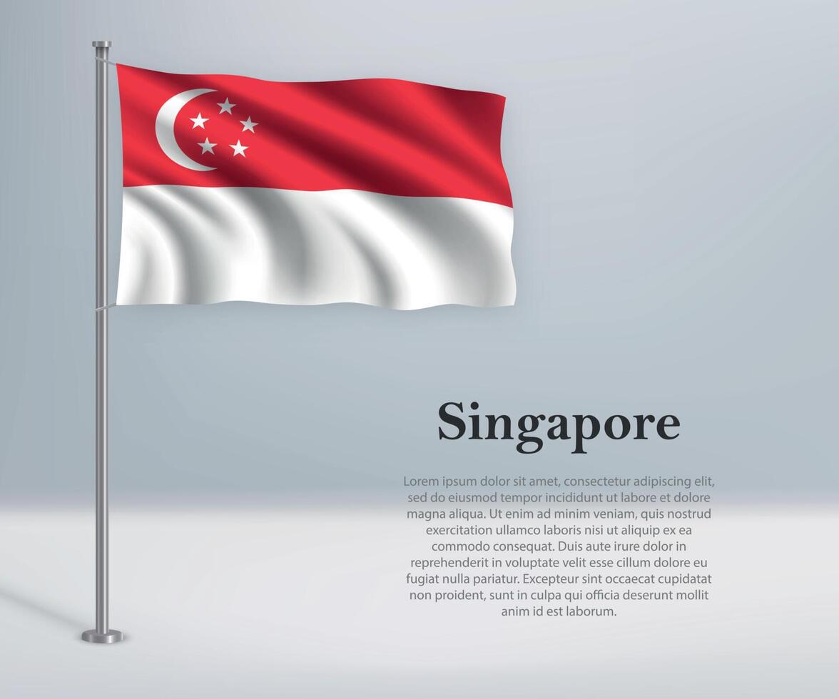 Waving flag of Singapore on flagpole. Template for independence vector