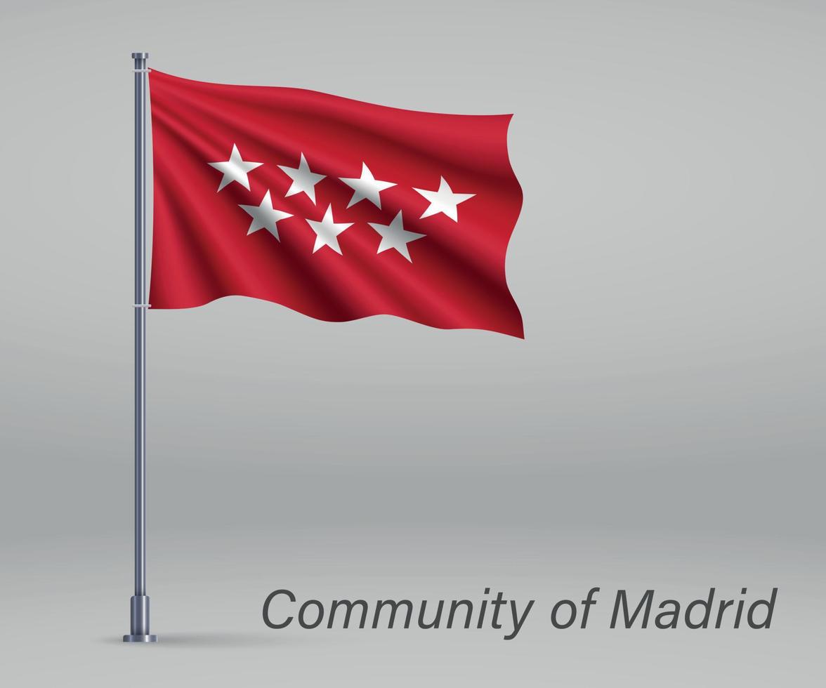 Waving flag of Community of Madrid - region of Spain on flagpole vector