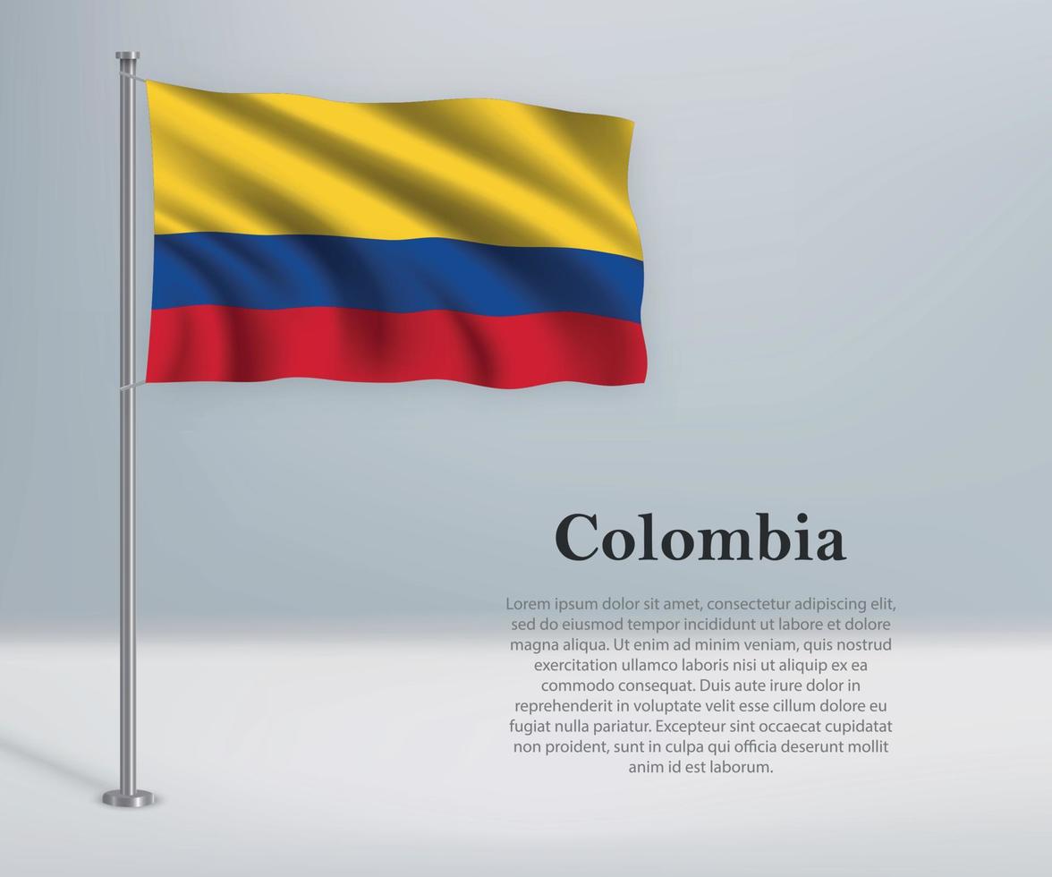 Waving flag of Colombia on flagpole. Template for independence d vector