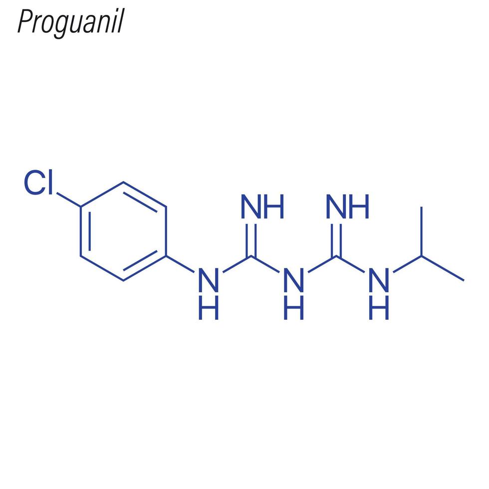 Vector Skeletal formula of Proguanil. Drug chemical molecule.