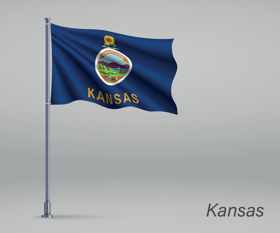 Waving flag of Kansas - state of United States on flagpole. Temp vector