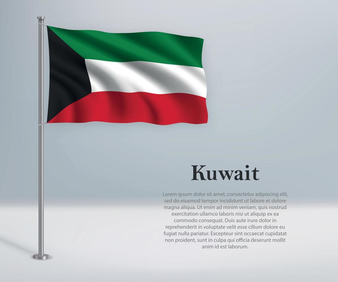 ondeando la bandera de kuwait en el asta de la bandera. plantilla para el día de la independencia vector