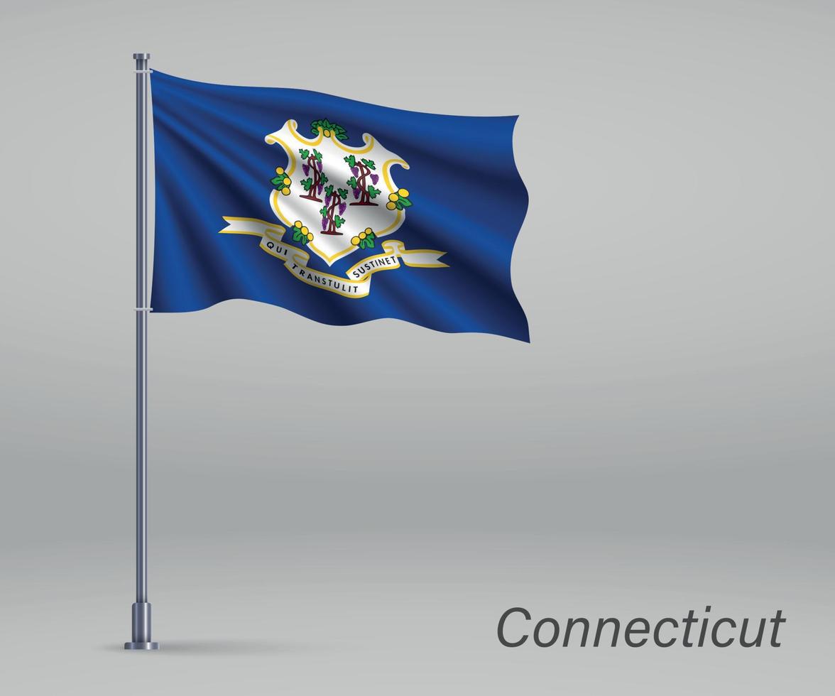 Waving flag of Connecticut - state of United States on flagpole. vector