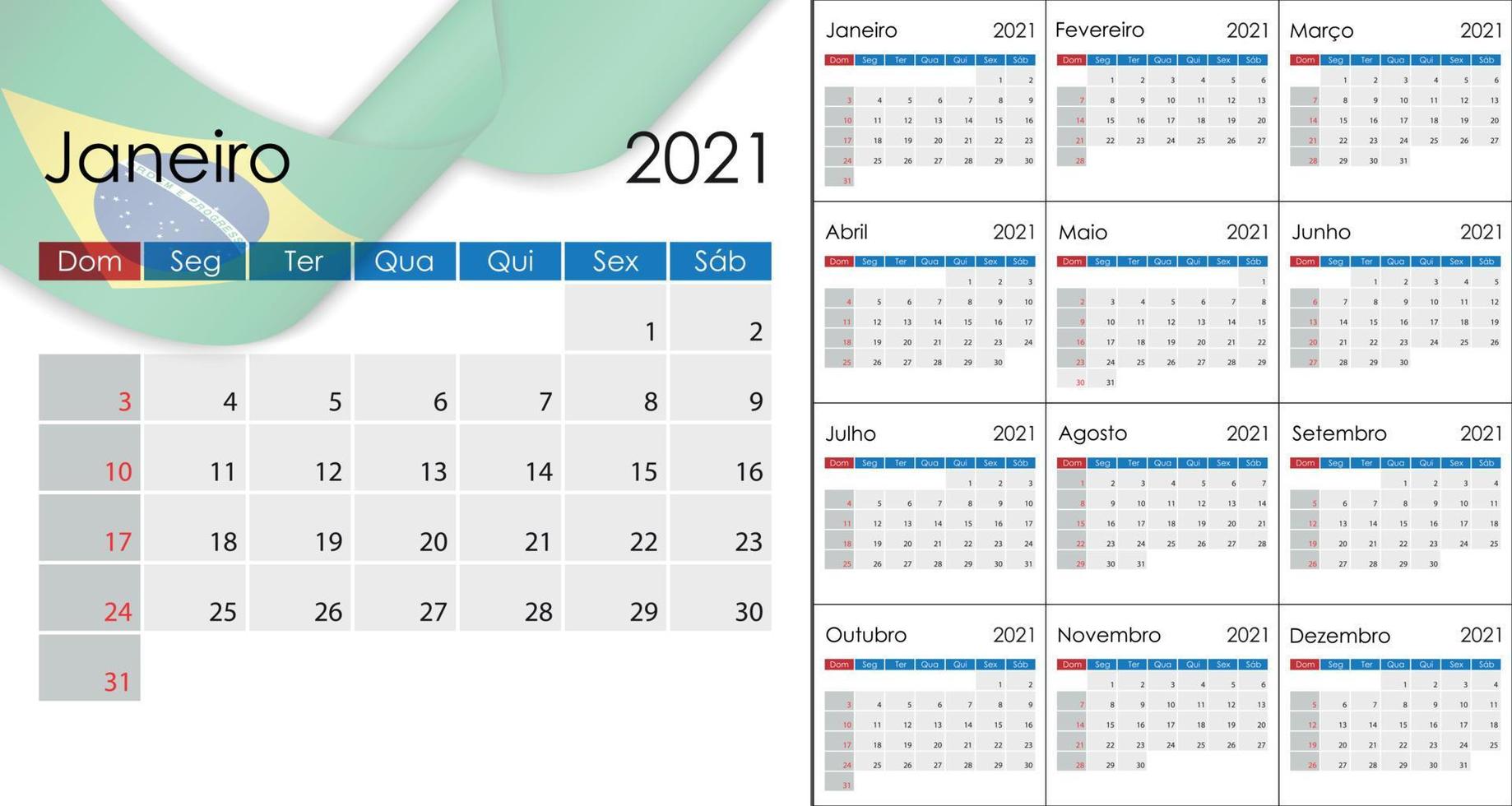 Simple Calendar 2021 on Portuguese language, Brazilian version,w vector