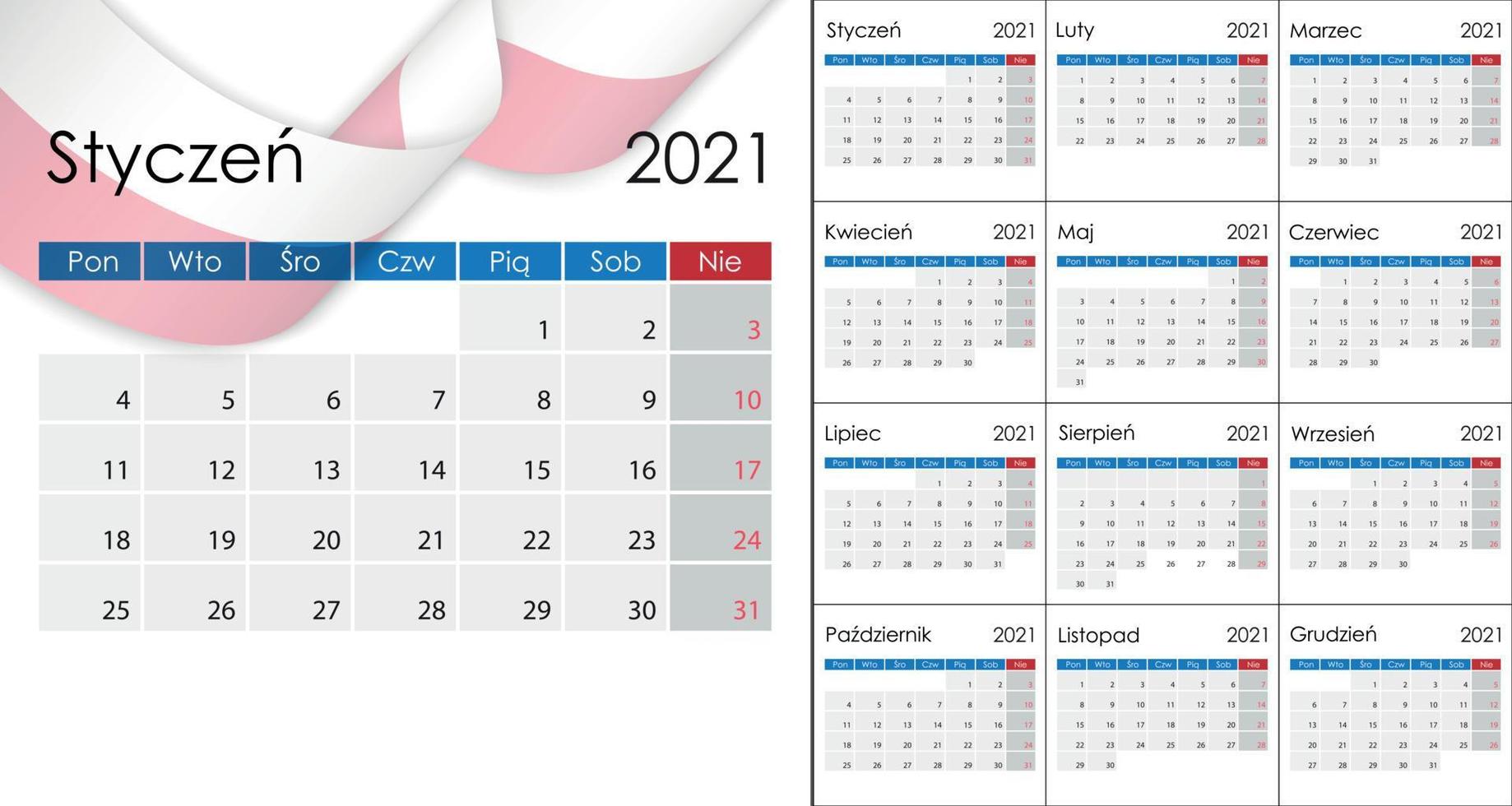 Simple Calendar 2021 on Polish language, week start on Monday. T vector