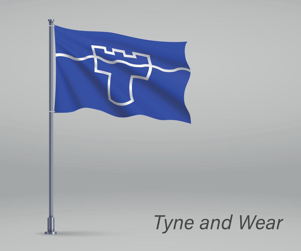 Waving flag of Tyne and Wear - county of England on flagpole. Te vector