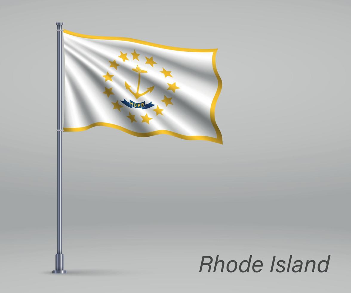 Waving flag of Rhode Island - state of United States on flagpole vector