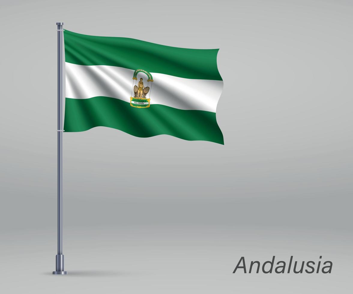 Waving flag of Andalusia - region of Spain on flagpole. Template vector