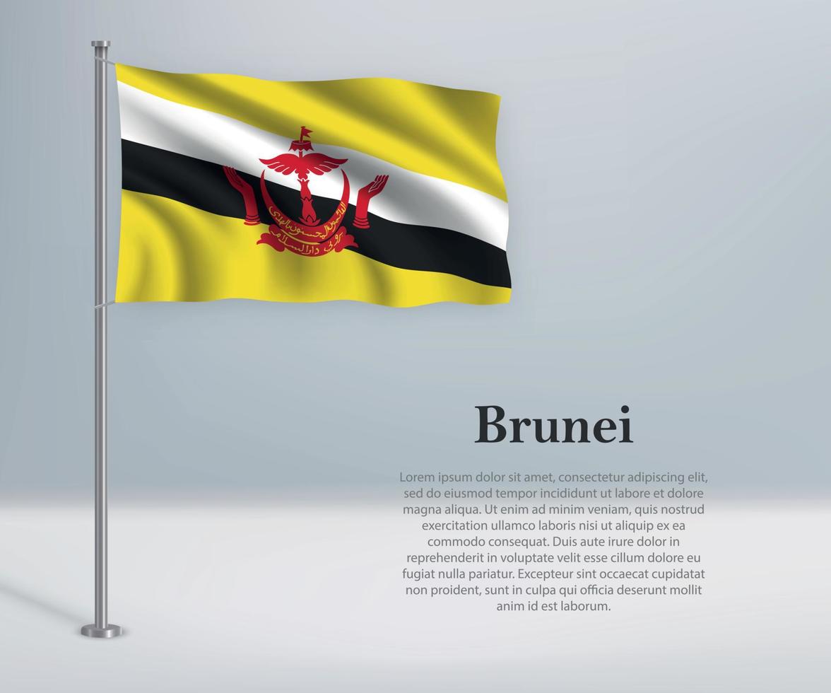 Waving flag of Brunei on flagpole. Template for independence day vector