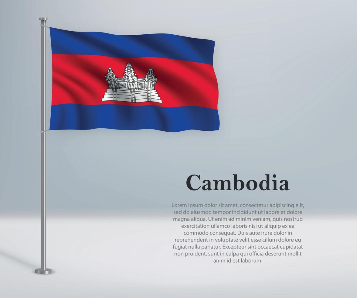 ondeando la bandera de camboya en el asta de la bandera. plantilla para la independencia d vector