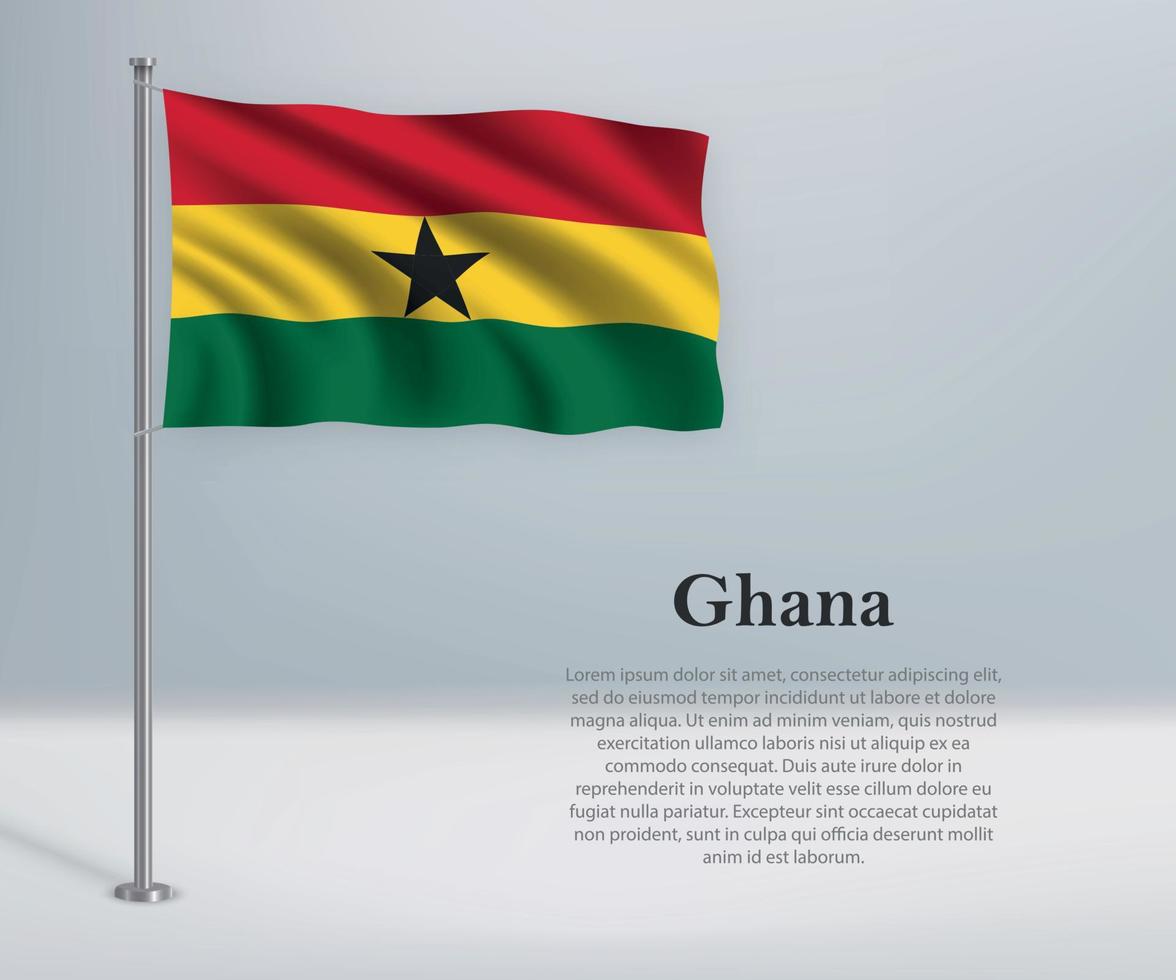 Waving flag of Ghana on flagpole. Template for independence day vector