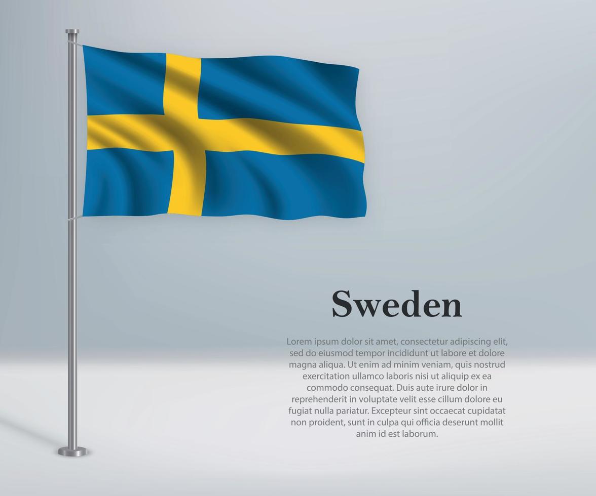 Waving flag of Sweden on flagpole. Template for independence day vector