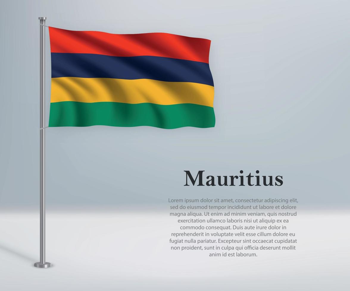 Waving flag of Mauritius on flagpole. Template for independence vector