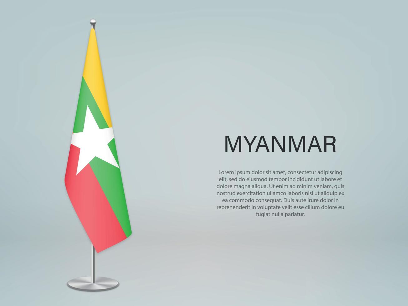 bandera colgante de myanmar en el stand. plantilla para banner de conferencia vector