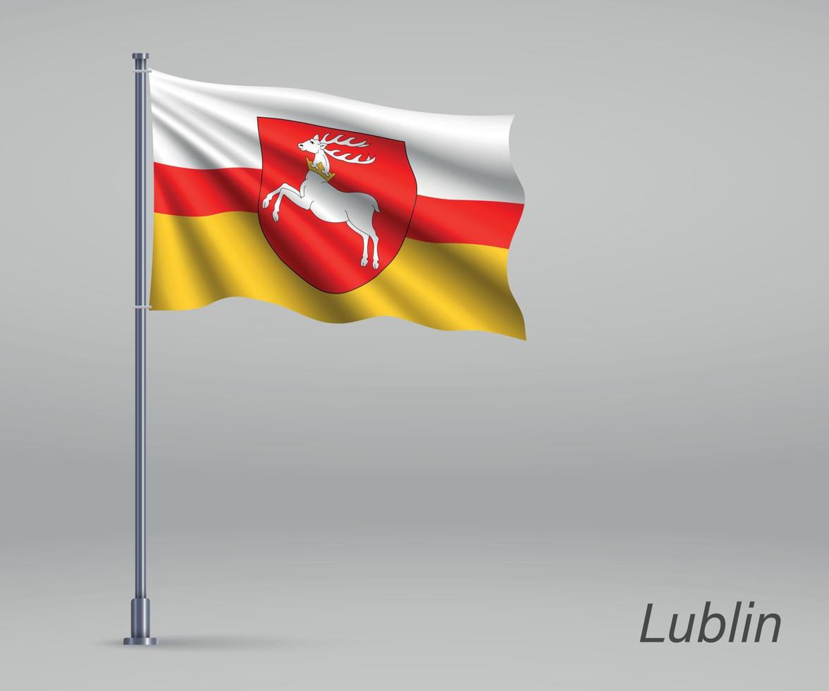 Waving flag of Lublin Voivodeship - province of Poland on flagpo vector