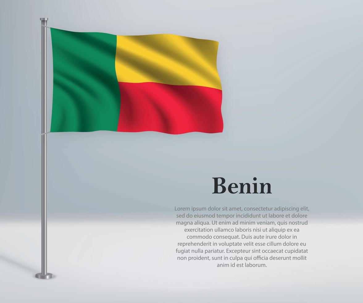 Waving flag of Benin on flagpole. Template for independence day vector