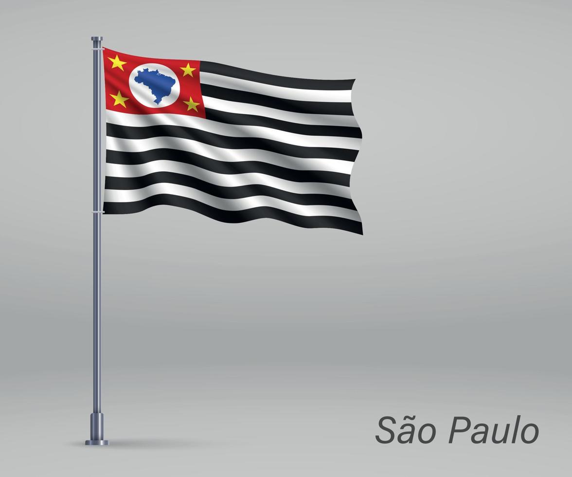 Waving flag of Sao Paulo - state of Brazil on flagpole. Template vector