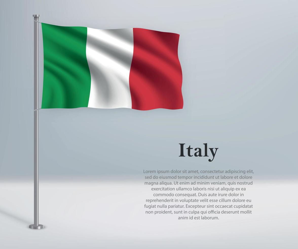 Waving flag of Italy on flagpole. Template for independence day vector