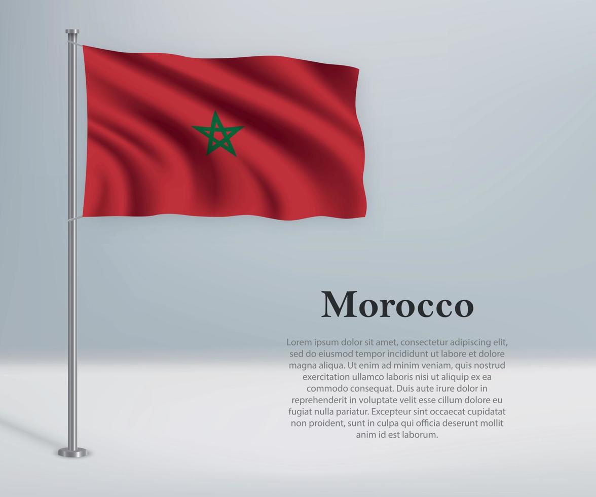 Waving flag of Morocco on flagpole. Template for independence da vector
