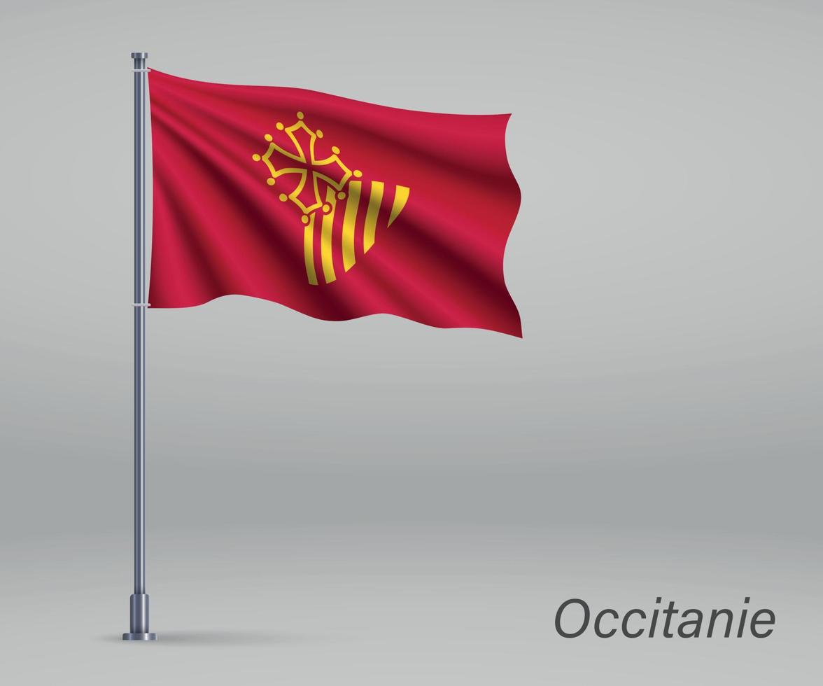 Waving flag of Occitanie - region of France on flagpole. Templat vector