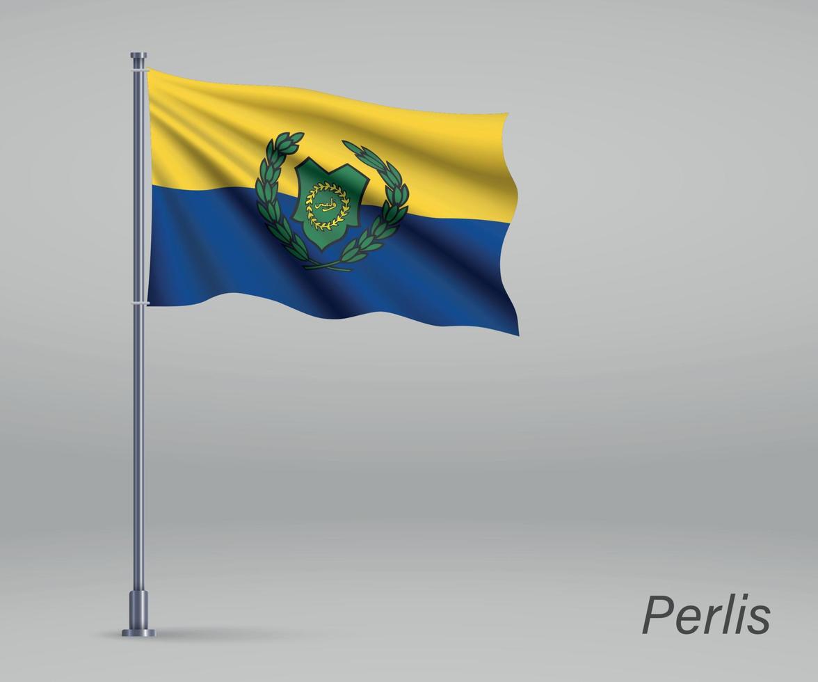 Waving flag of Perlis - state of Malaysia on flagpole. Template vector