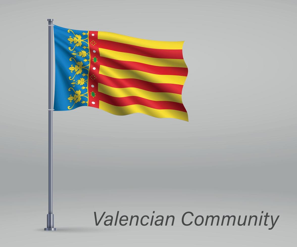 ondeando la bandera de la comunidad valenciana - región de españa en el asta de la bandera vector