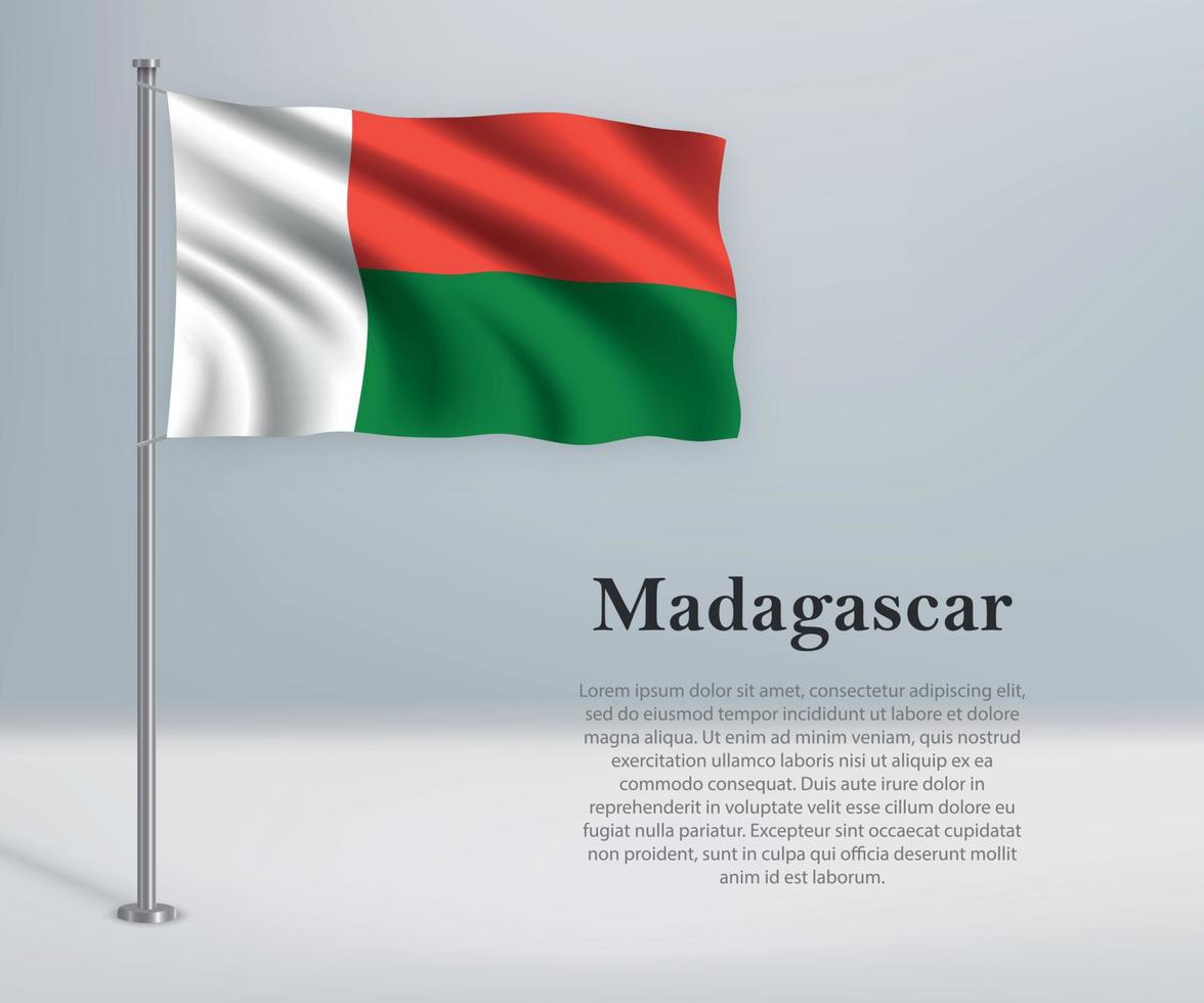 Waving flag of Madagascar on flagpole. Template for independence vector