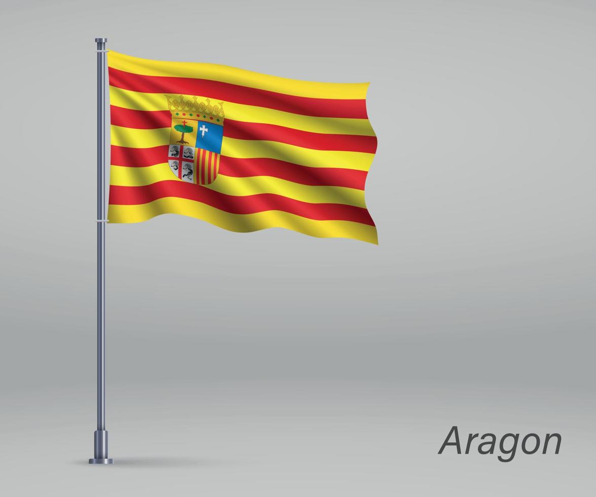 Waving flag of Aragon - region of Spain on flagpole. Template fo vector