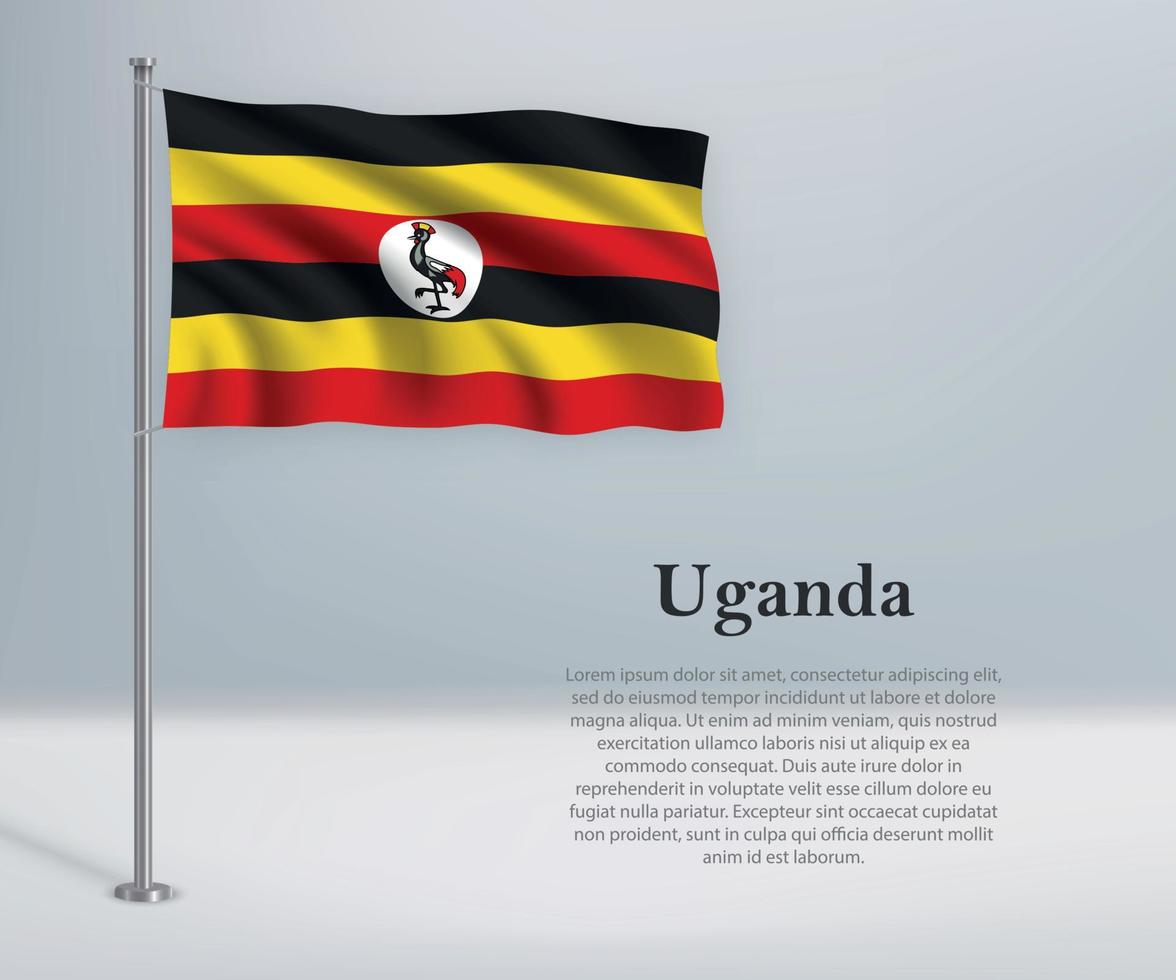 Waving flag of Uganda on flagpole. Template for independence day vector