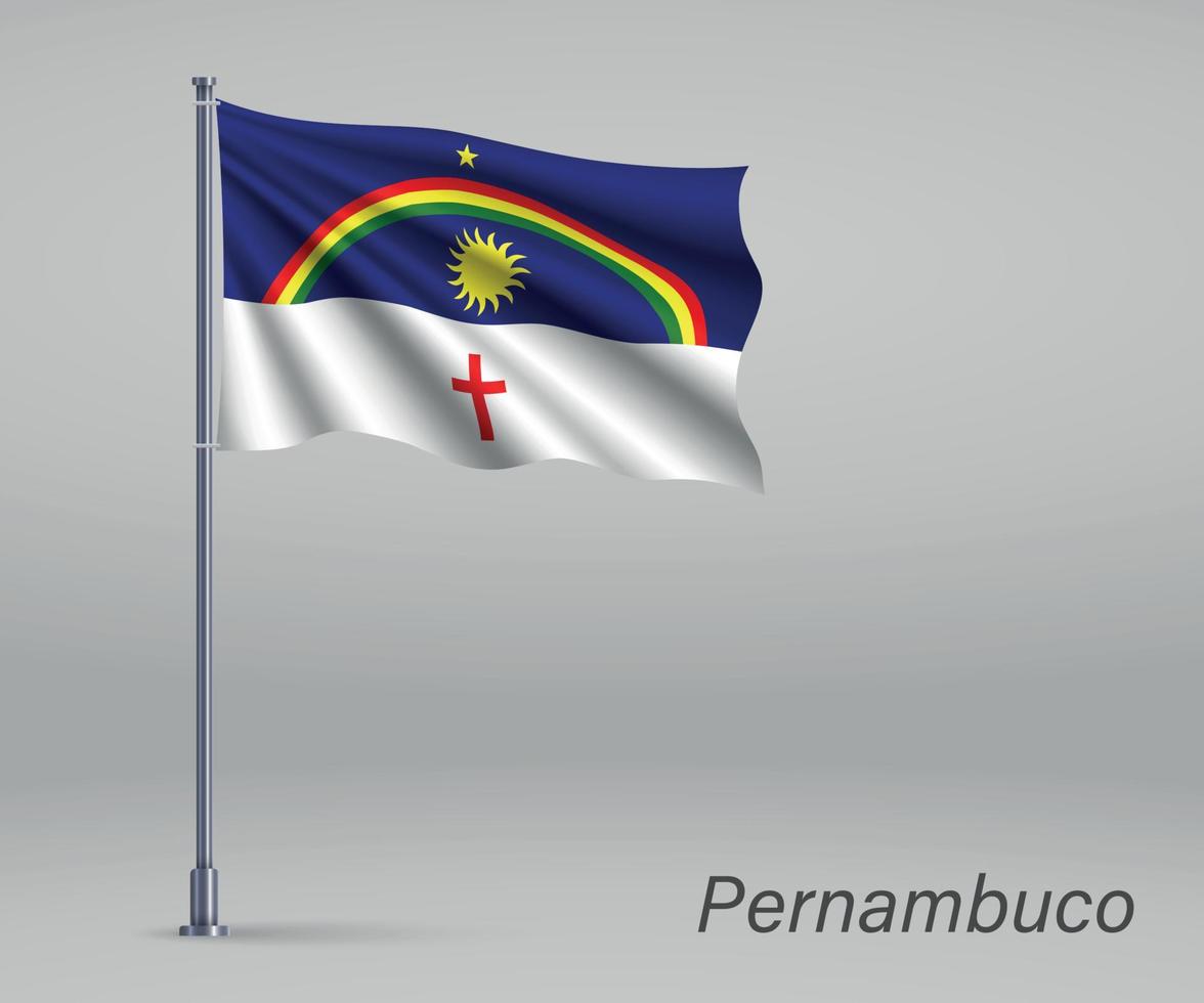 Waving flag of Pernambuco - state of Brazil on flagpole. Templat vector