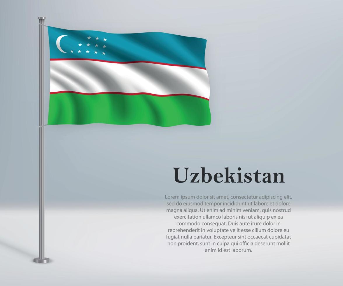 ondeando la bandera de uzbekistán en el asta de la bandera. plantilla para la independencia vector